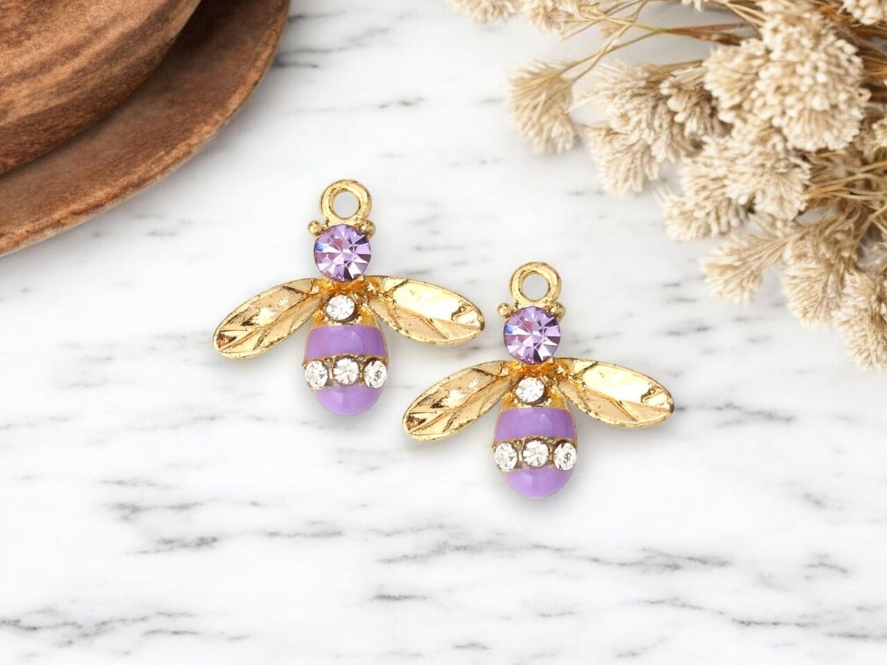 17x15mm Gold Plated Enamel + Rhinestone Bee Charms - Choose Your Color